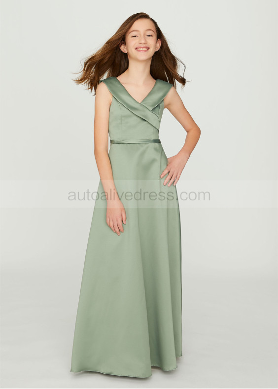 V Neck Sage Satin Elegant Junior Bridesmaid Dress